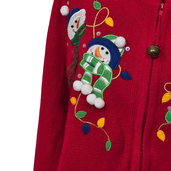Tiara International Christmas Snowman Holiday Embroidered Red Cardigan L BA - Picture 3 of 9